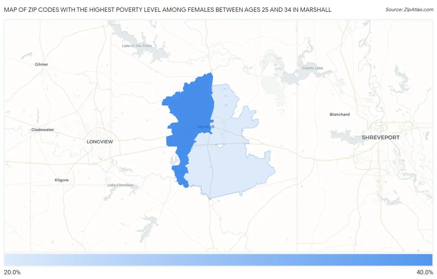 Zip Codes with the Highest Poverty Level Among Females Between Ages 25 and 34 in Marshall Map