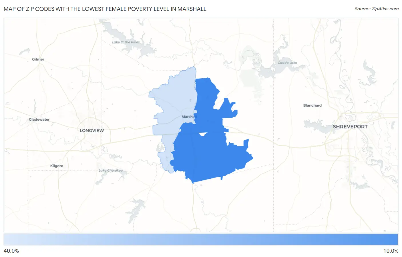 Zip Codes with the Lowest Female Poverty Level in Marshall Map