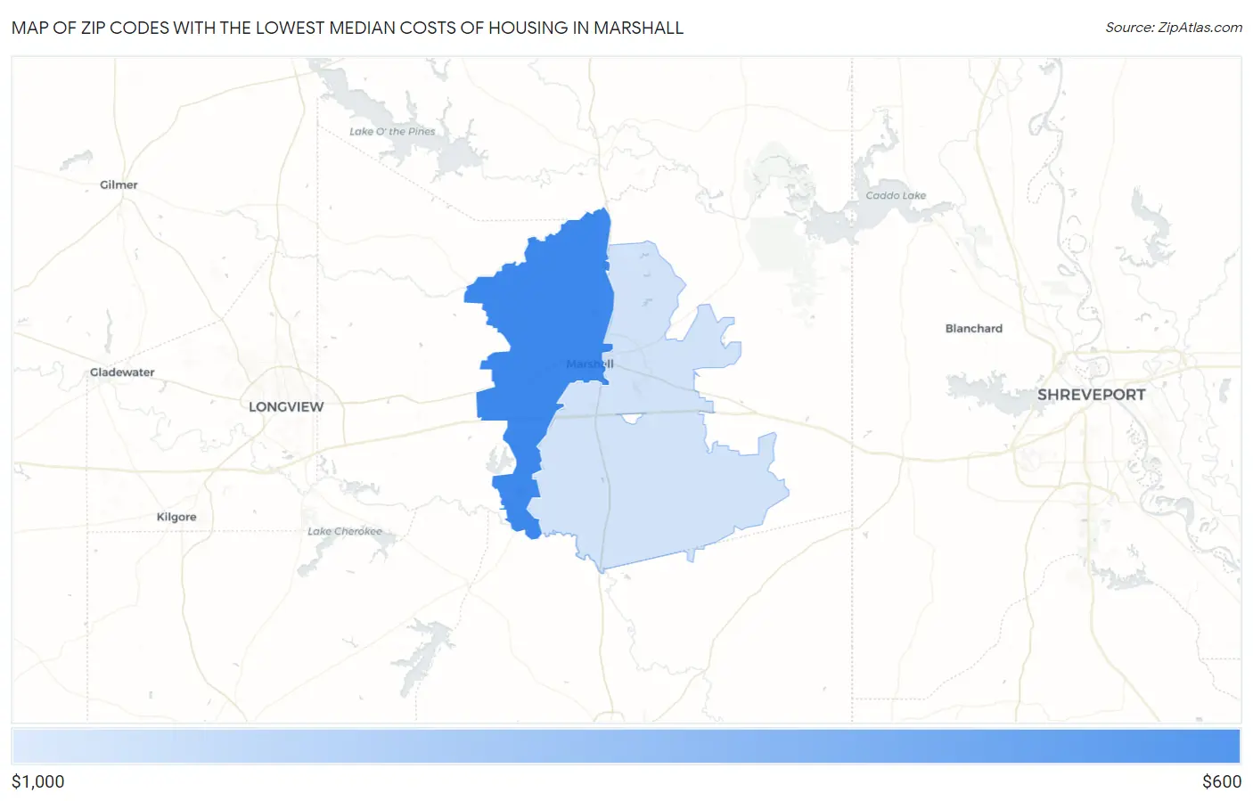 Zip Codes with the Lowest Median Costs of Housing in Marshall Map