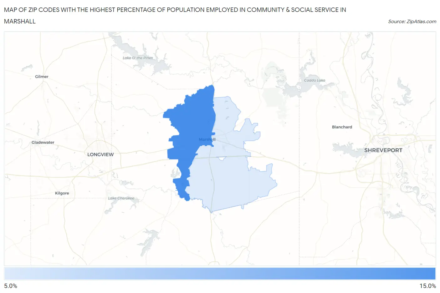 Zip Codes with the Highest Percentage of Population Employed in Community & Social Service  in Marshall Map