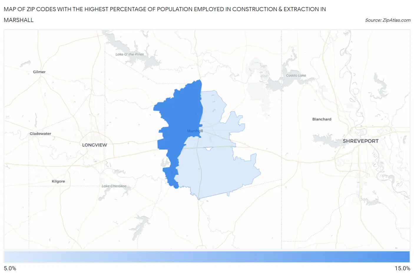 Zip Codes with the Highest Percentage of Population Employed in Construction & Extraction in Marshall Map