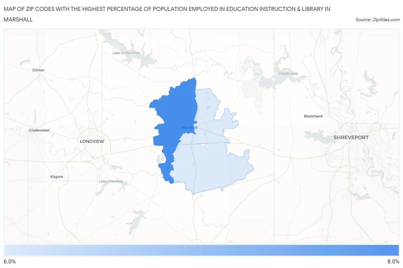 Zip Codes with the Highest Percentage of Population Employed in Education Instruction & Library in Marshall Map
