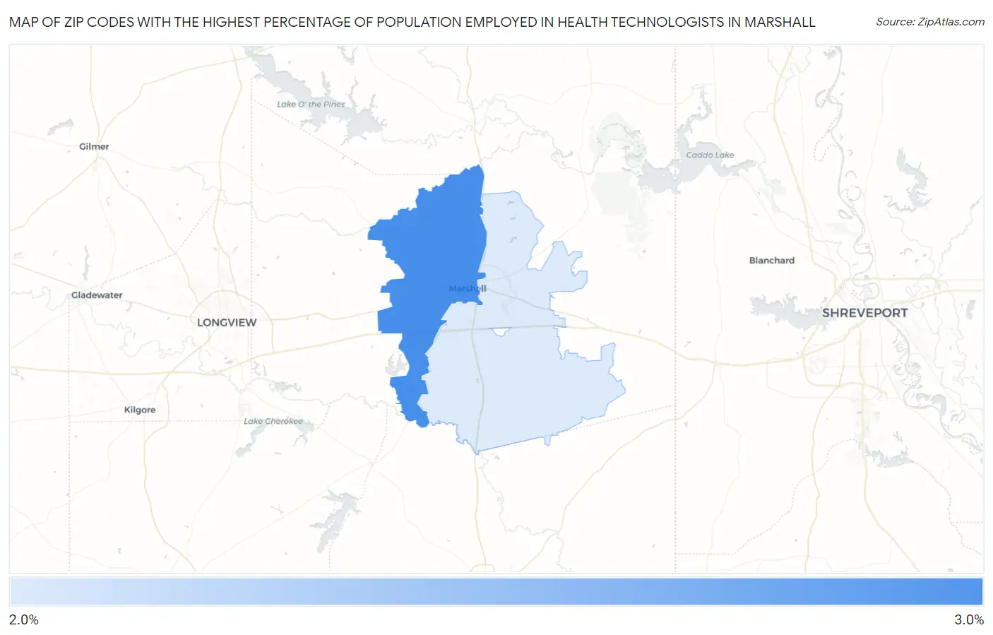 Zip Codes with the Highest Percentage of Population Employed in Health Technologists in Marshall Map