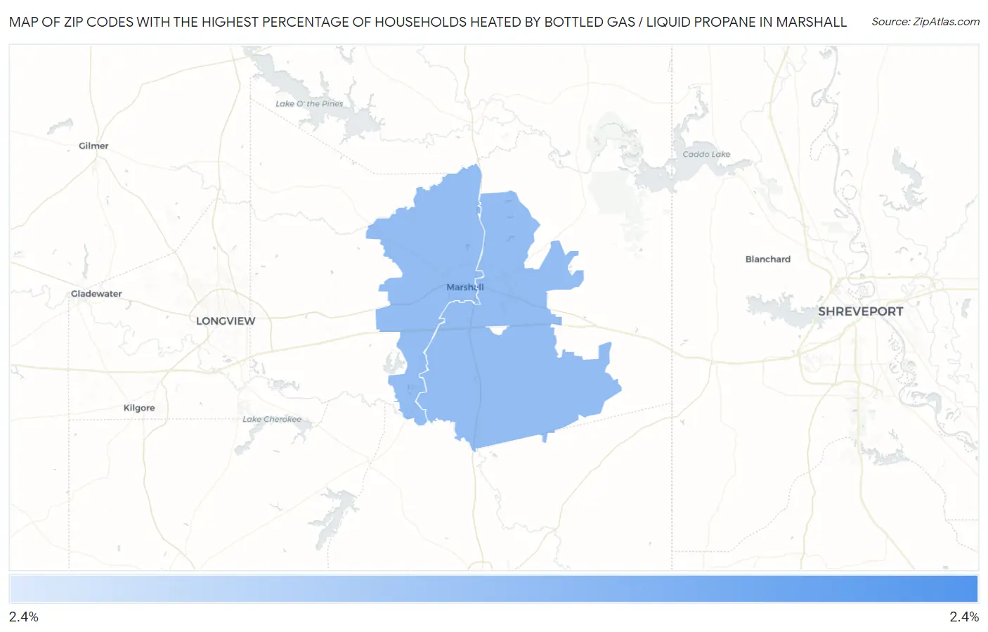 Zip Codes with the Highest Percentage of Households Heated by Bottled Gas / Liquid Propane in Marshall Map