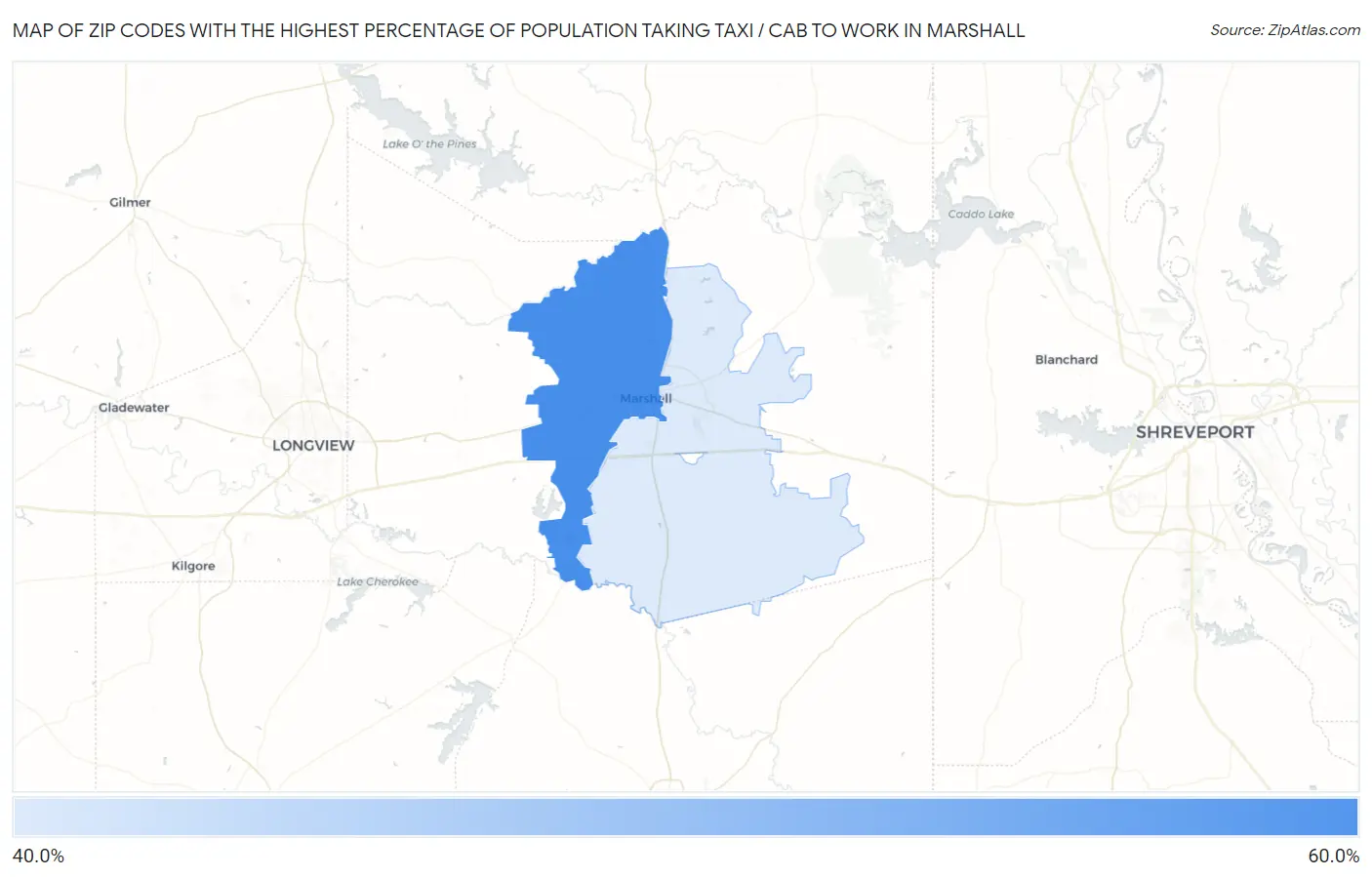 Zip Codes with the Highest Percentage of Population Taking Taxi / Cab to Work in Marshall Map