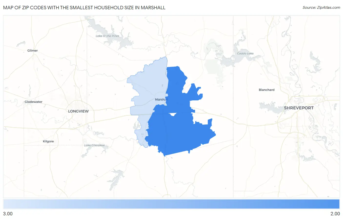 Zip Codes with the Smallest Household Size in Marshall Map