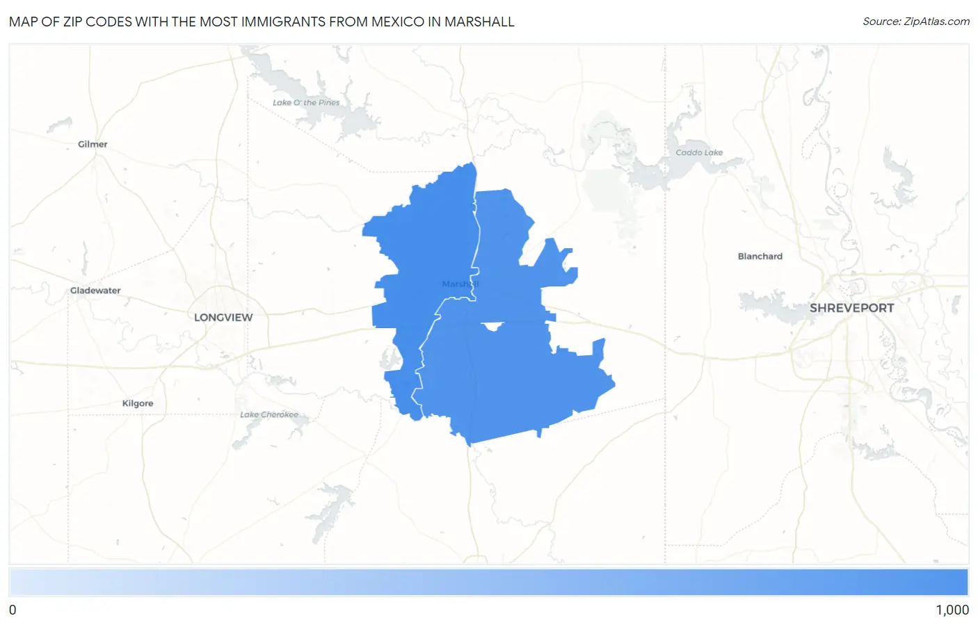 Zip Codes with the Most Immigrants from Mexico in Marshall Map
