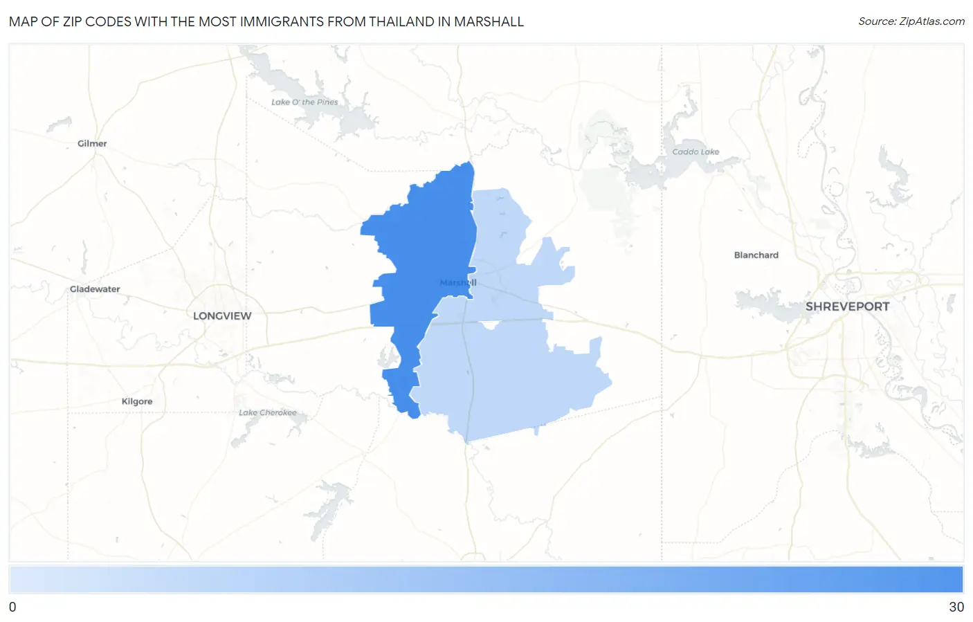 Zip Codes with the Most Immigrants from Thailand in Marshall Map