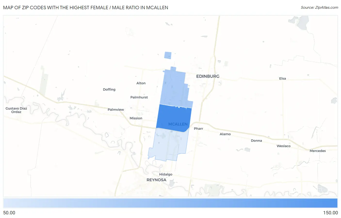 Zip Codes with the Highest Female / Male Ratio in Mcallen Map