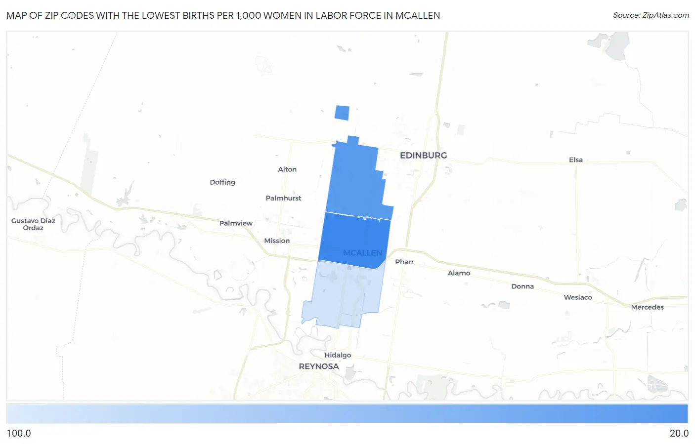 Zip Codes with the Lowest Births per 1,000 Women in Labor Force in Mcallen Map