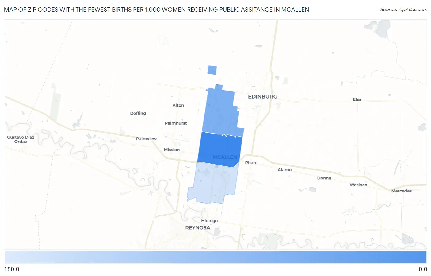 Zip Codes with the Fewest Births per 1,000 Women Receiving Public Assitance in Mcallen Map