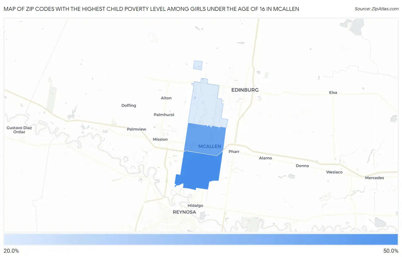 Zip Codes with the Highest Child Poverty Level Among Girls Under the Age of 16 in Mcallen Map