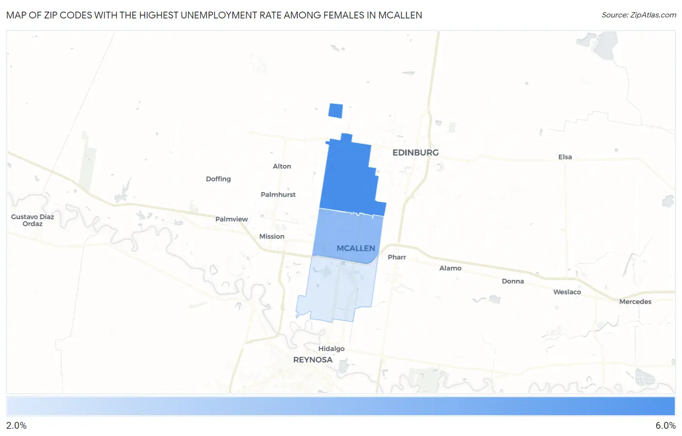 Zip Codes with the Highest Unemployment Rate Among Females in Mcallen Map