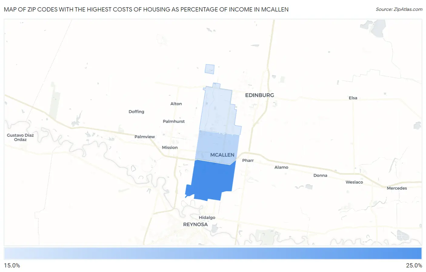 Zip Codes with the Highest Costs of Housing as Percentage of Income in Mcallen Map