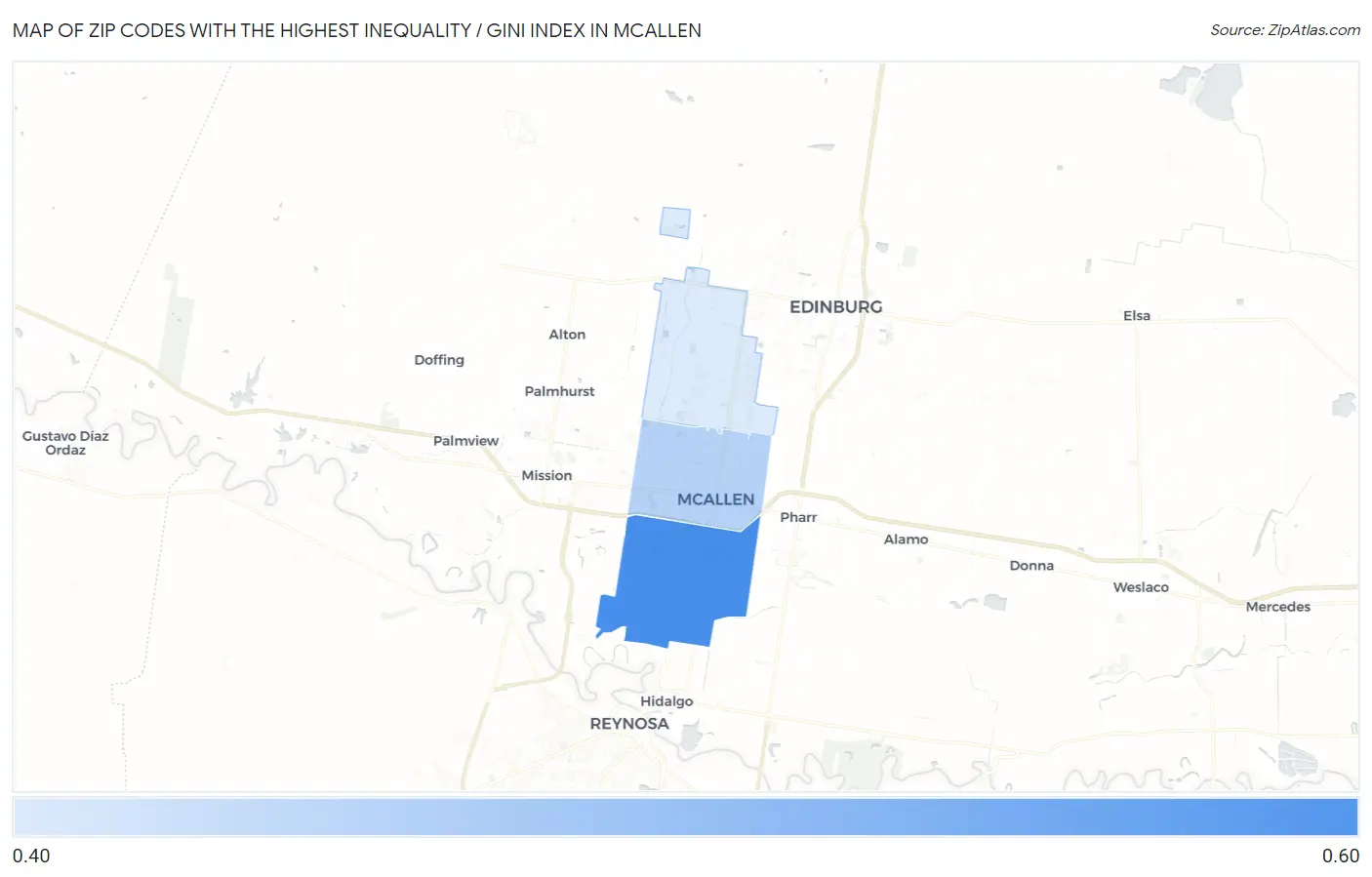 Zip Codes with the Highest Inequality / Gini Index in Mcallen Map
