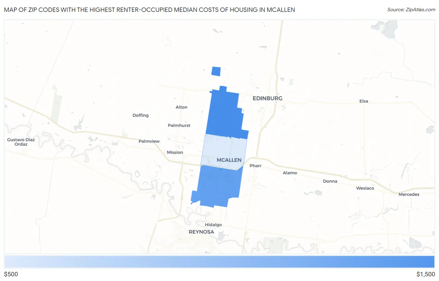 Zip Codes with the Highest Renter-Occupied Median Costs of Housing in Mcallen Map