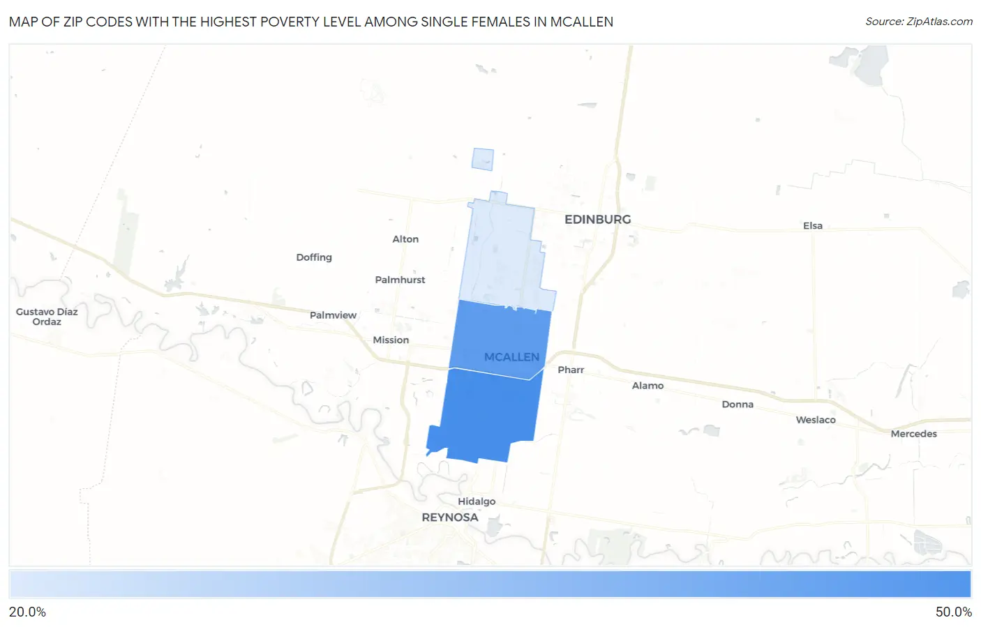 Zip Codes with the Highest Poverty Level Among Single Females in Mcallen Map