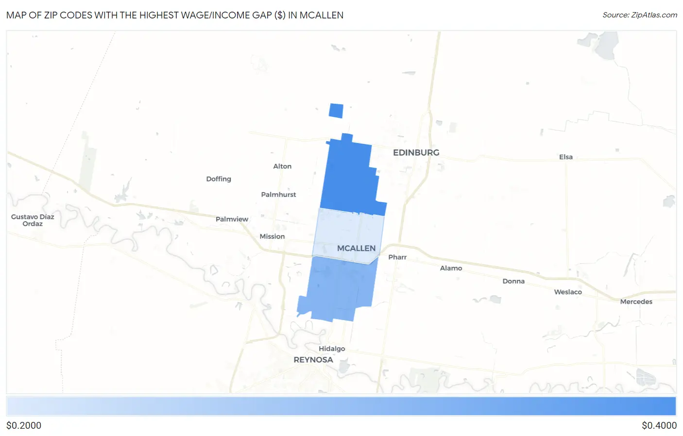 Zip Codes with the Highest Wage/Income Gap ($) in Mcallen Map