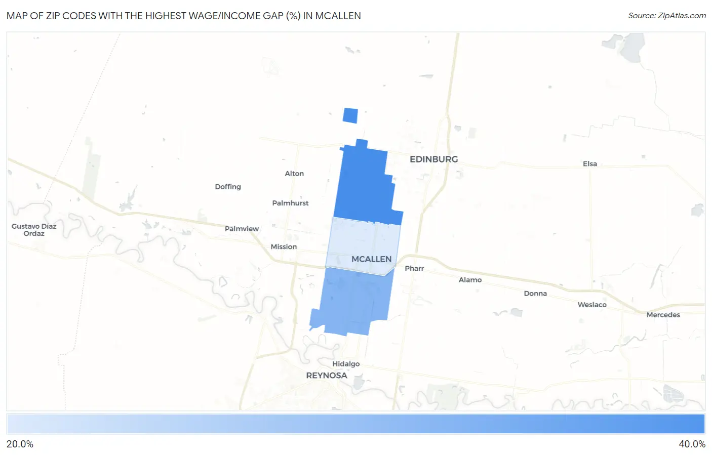 Zip Codes with the Highest Wage/Income Gap (%) in Mcallen Map