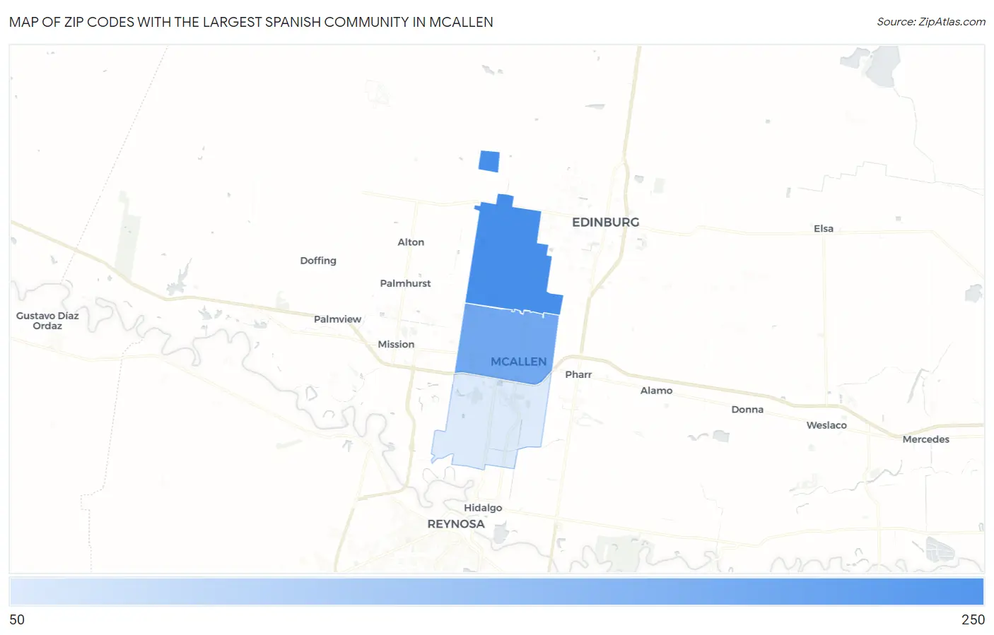 Zip Codes with the Largest Spanish Community in Mcallen Map