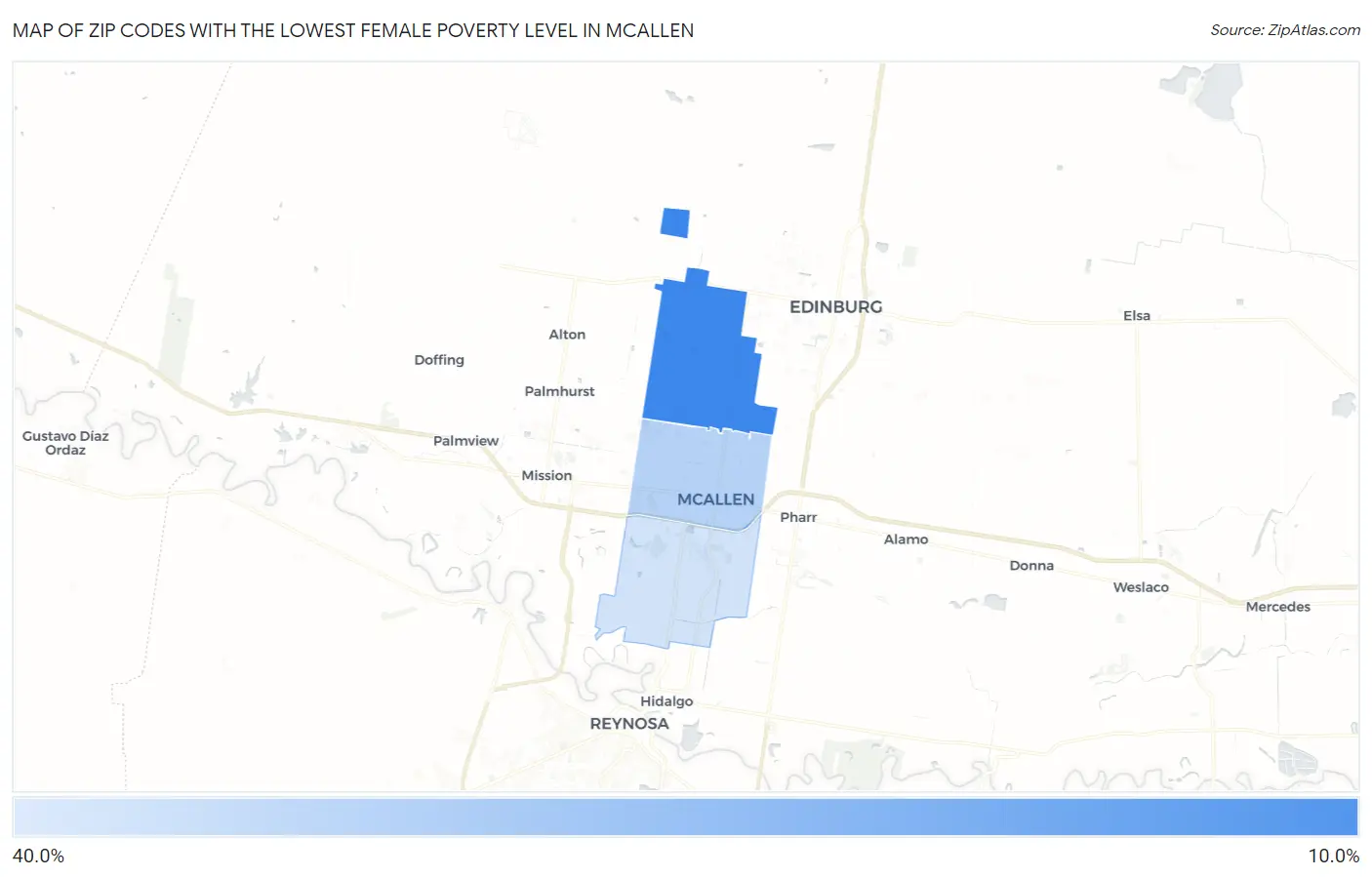 Zip Codes with the Lowest Female Poverty Level in Mcallen Map