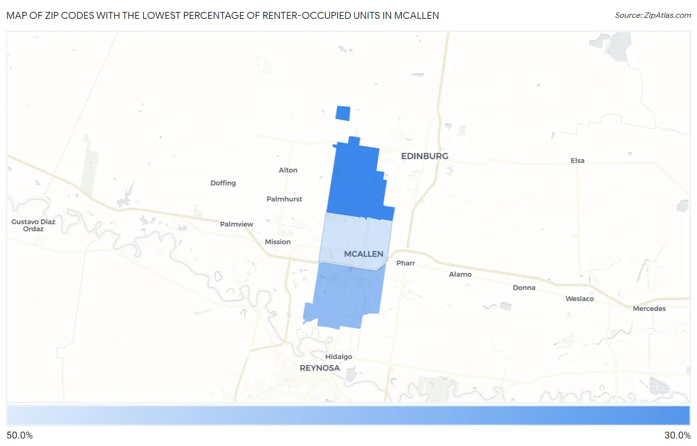 Zip Codes with the Lowest Percentage of Renter-Occupied Units in Mcallen Map