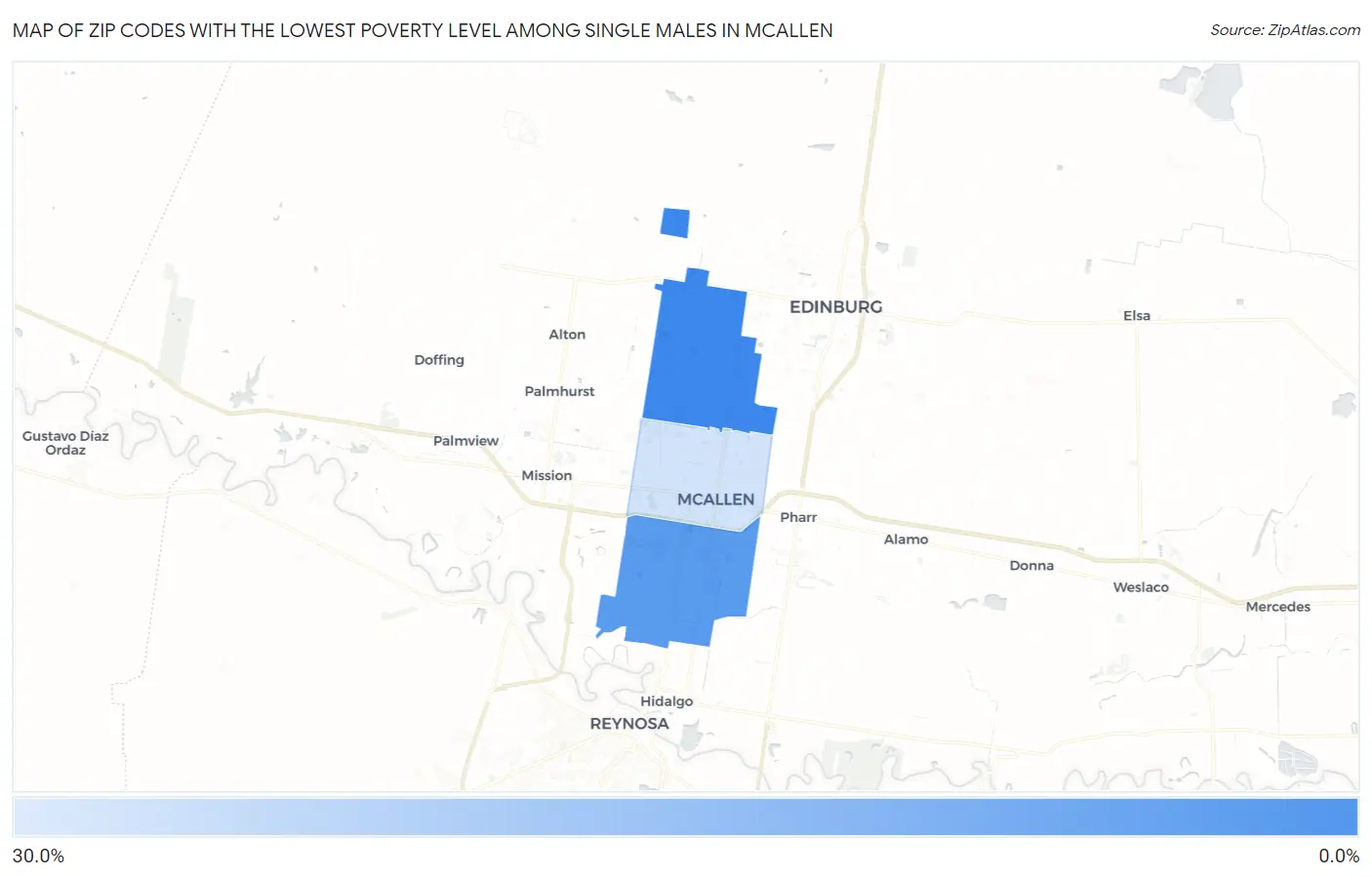 Zip Codes with the Lowest Poverty Level Among Single Males in Mcallen Map