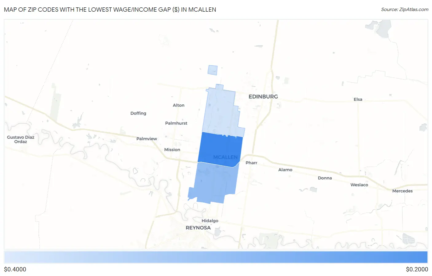 Zip Codes with the Lowest Wage/Income Gap ($) in Mcallen Map