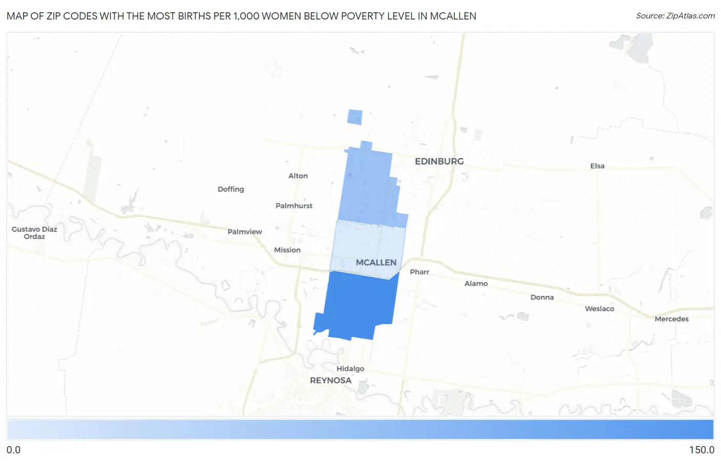 Zip Codes with the Most Births per 1,000 Women Below Poverty Level in Mcallen Map