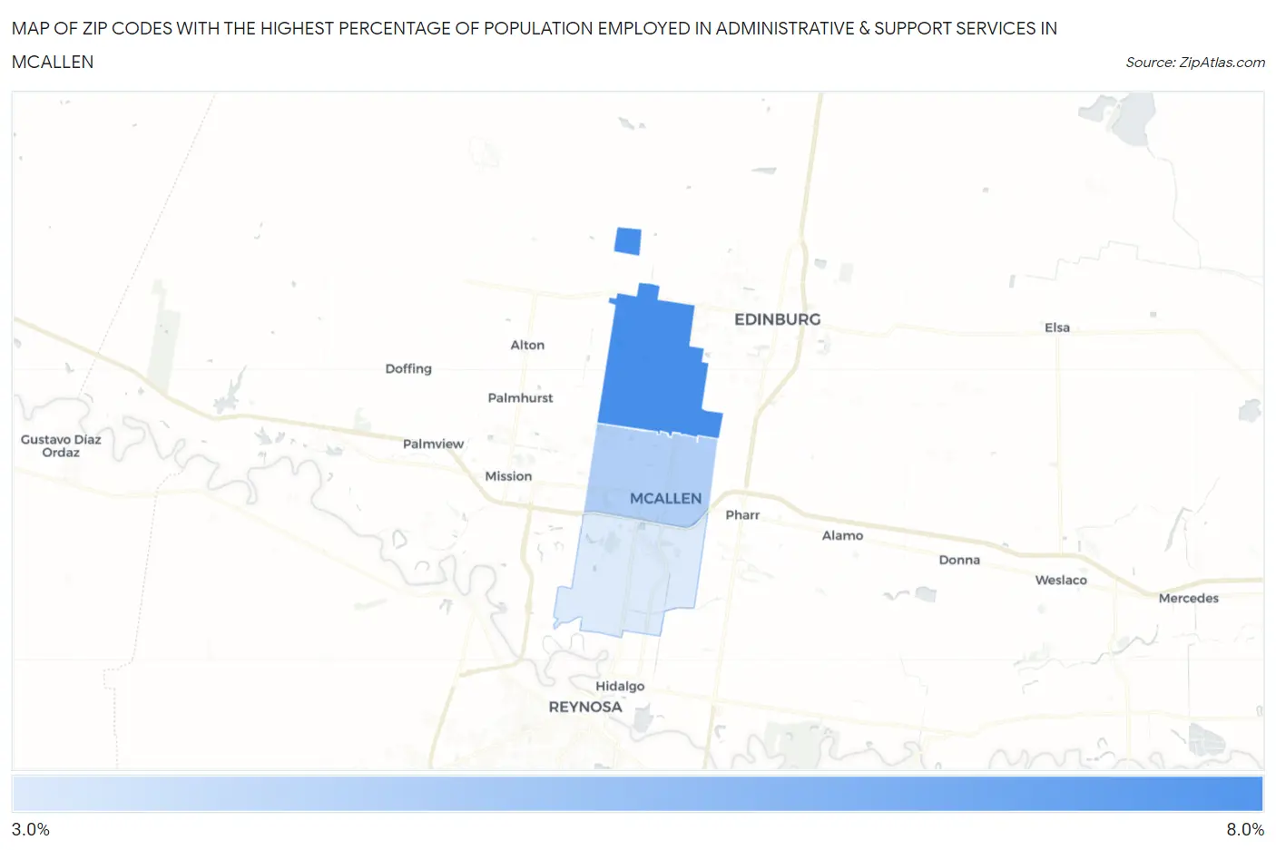 Zip Codes with the Highest Percentage of Population Employed in Administrative & Support Services in Mcallen Map