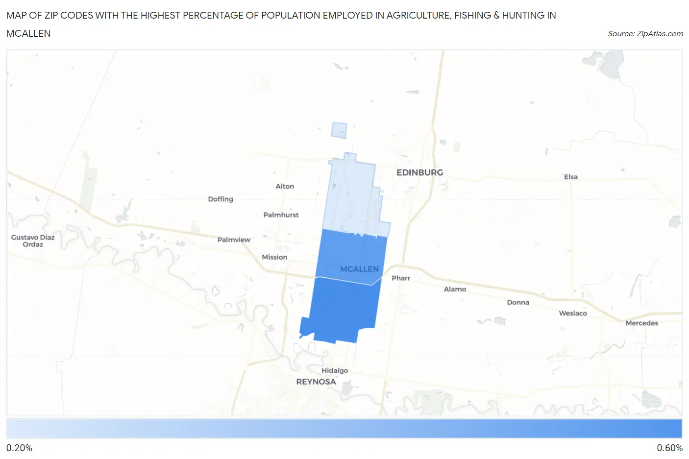 Zip Codes with the Highest Percentage of Population Employed in Agriculture, Fishing & Hunting in Mcallen Map