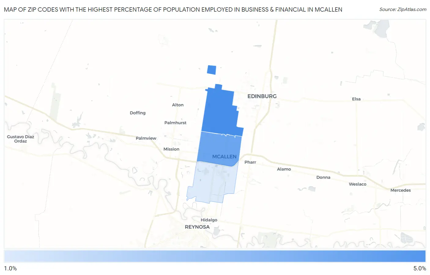 Zip Codes with the Highest Percentage of Population Employed in Business & Financial in Mcallen Map