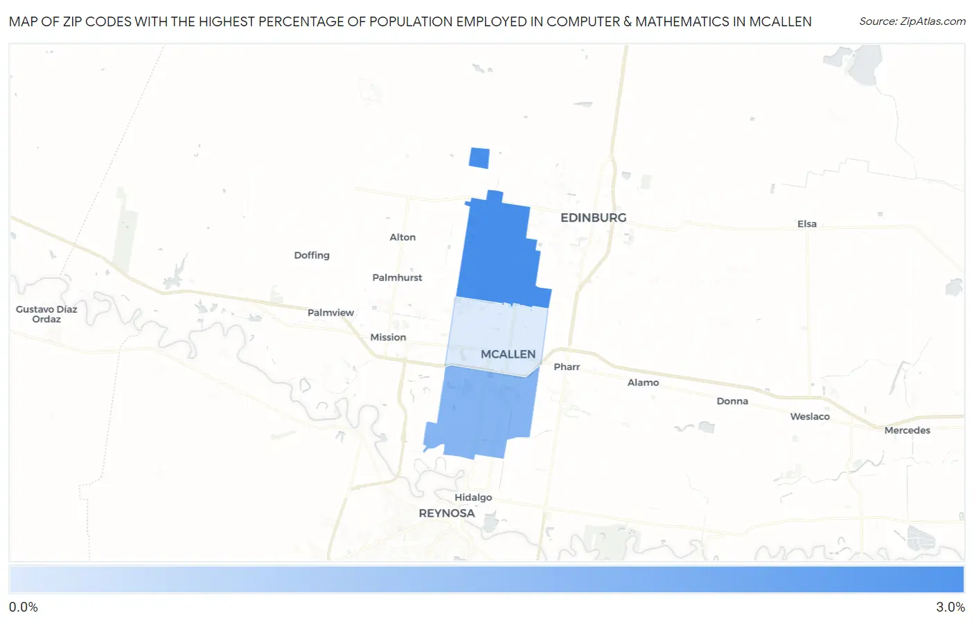 Zip Codes with the Highest Percentage of Population Employed in Computer & Mathematics in Mcallen Map