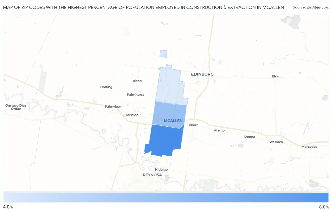 Zip Codes with the Highest Percentage of Population Employed in Construction & Extraction in Mcallen Map