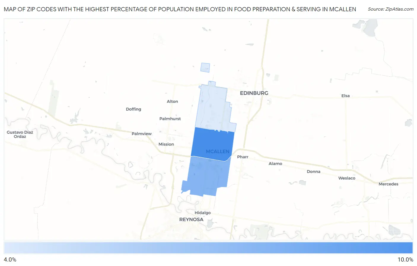 Zip Codes with the Highest Percentage of Population Employed in Food Preparation & Serving in Mcallen Map