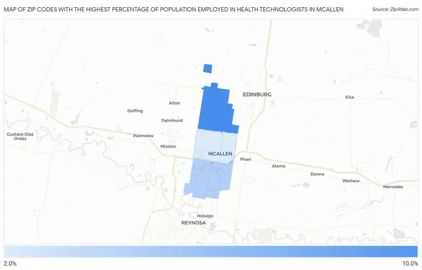 Zip Codes with the Highest Percentage of Population Employed in Health Technologists in Mcallen Map
