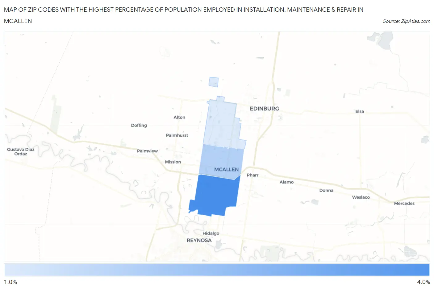 Zip Codes with the Highest Percentage of Population Employed in Installation, Maintenance & Repair in Mcallen Map