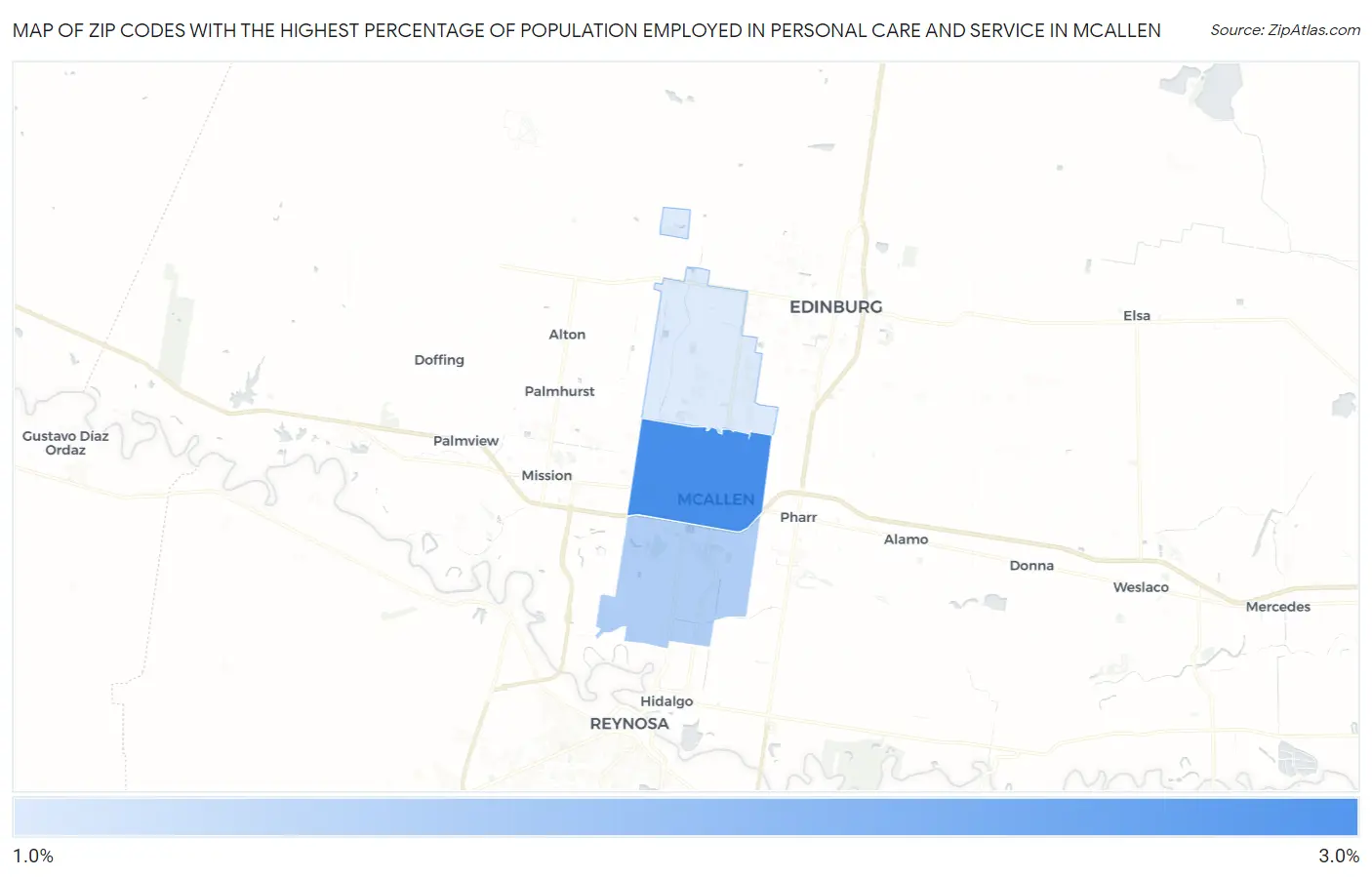Zip Codes with the Highest Percentage of Population Employed in Personal Care and Service in Mcallen Map