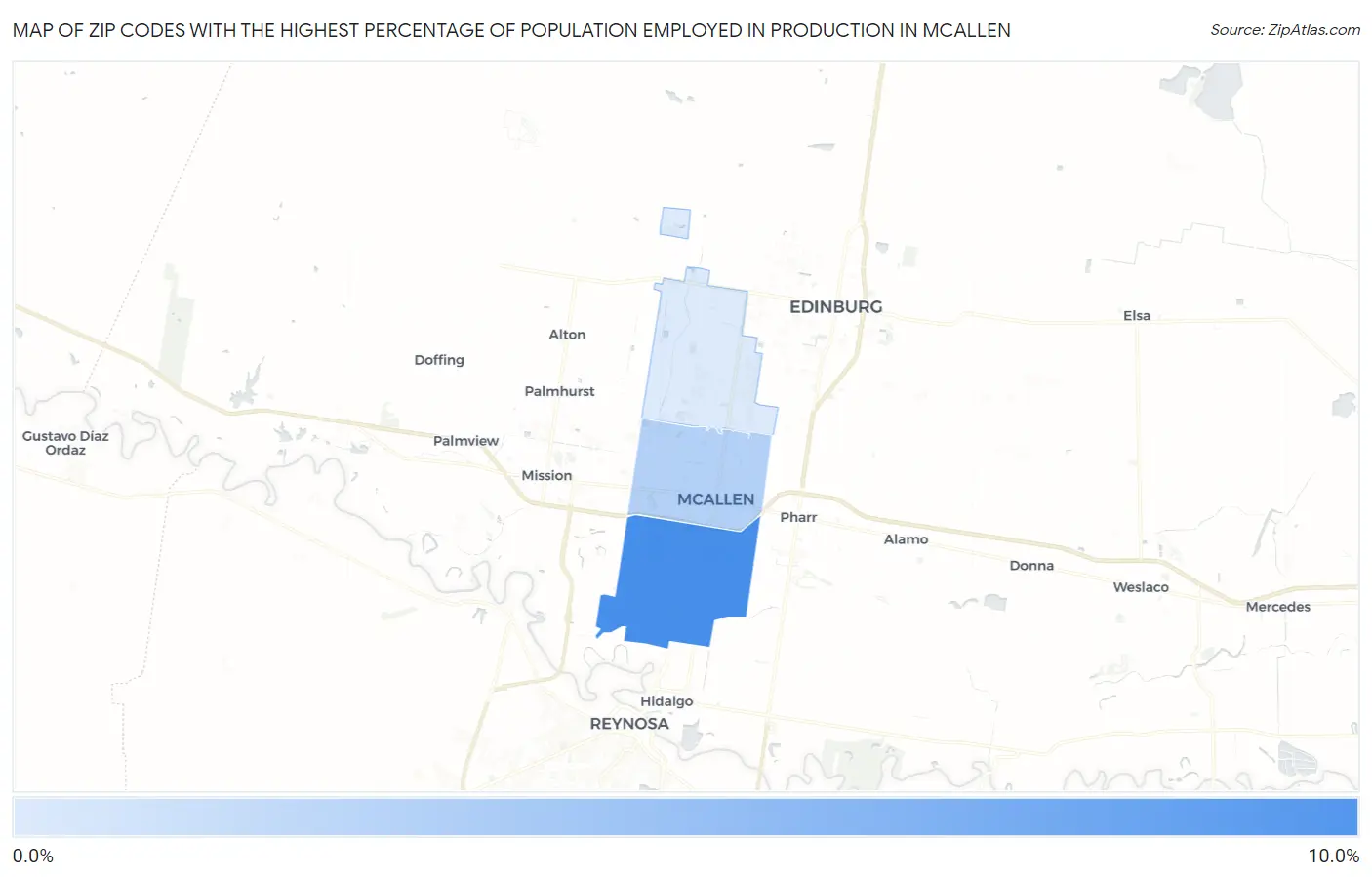 Zip Codes with the Highest Percentage of Population Employed in Production in Mcallen Map