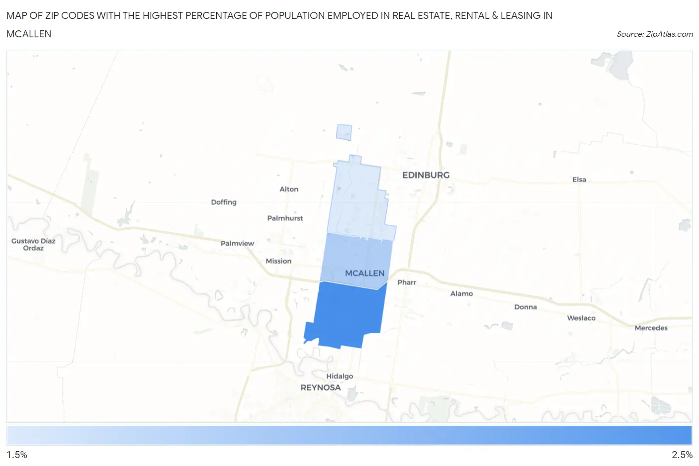 Zip Codes with the Highest Percentage of Population Employed in Real Estate, Rental & Leasing in Mcallen Map