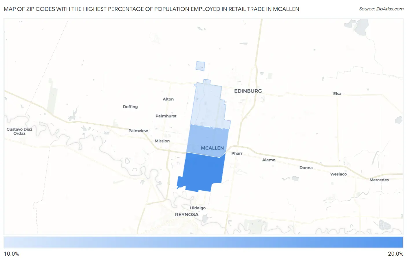 Zip Codes with the Highest Percentage of Population Employed in Retail Trade in Mcallen Map