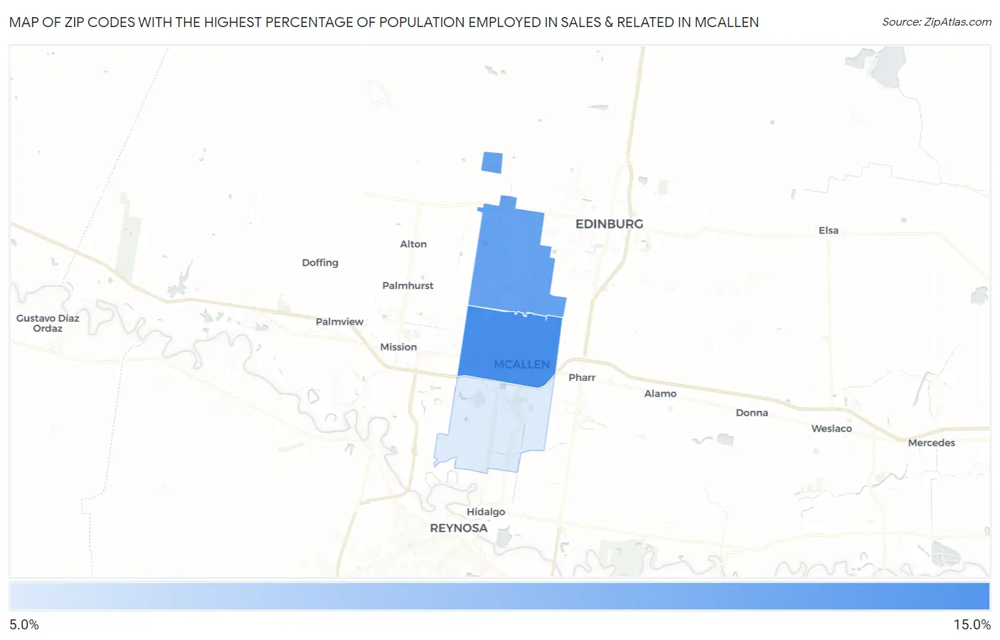 Zip Codes with the Highest Percentage of Population Employed in Sales & Related in Mcallen Map
