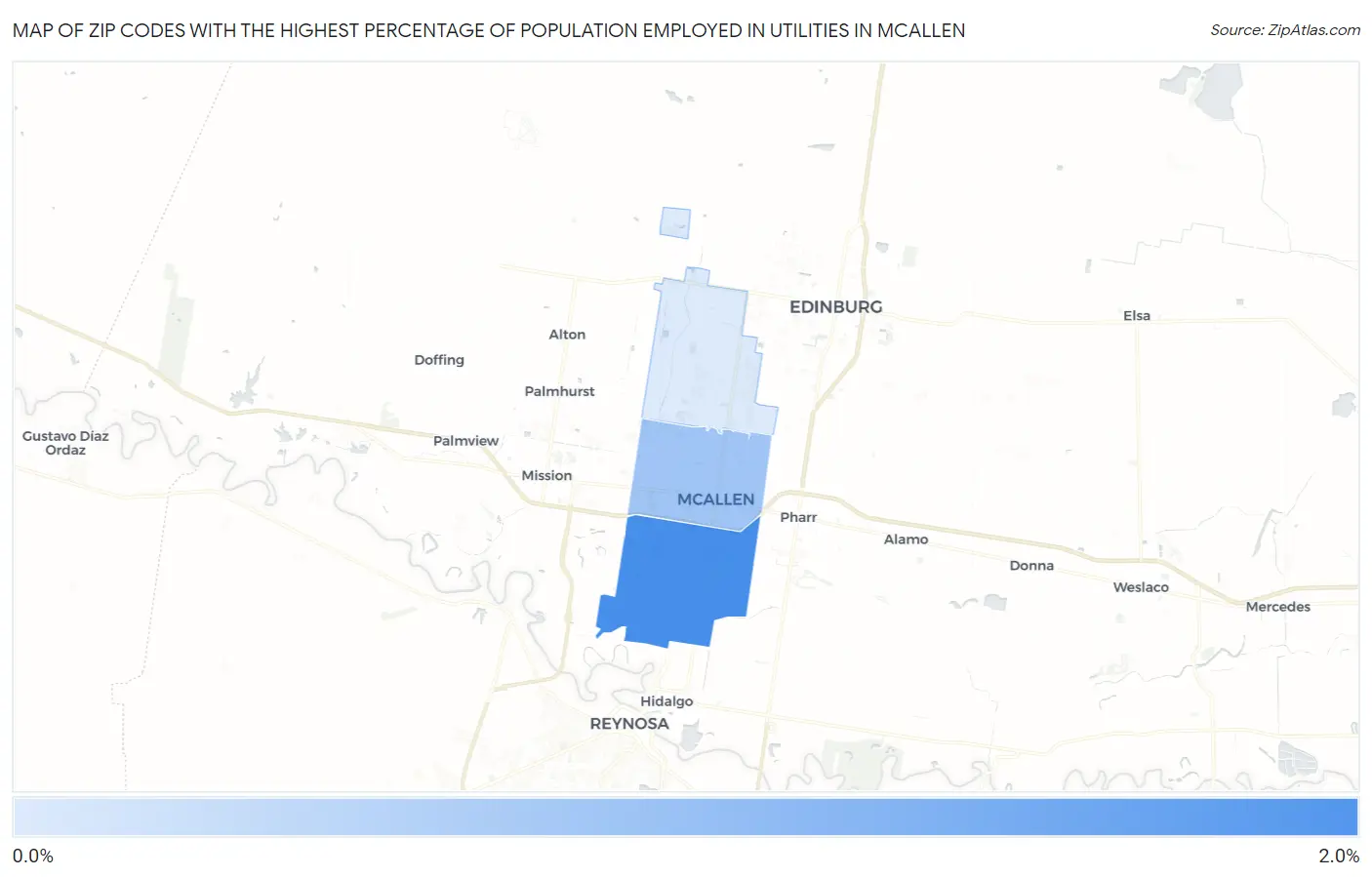 Zip Codes with the Highest Percentage of Population Employed in Utilities in Mcallen Map
