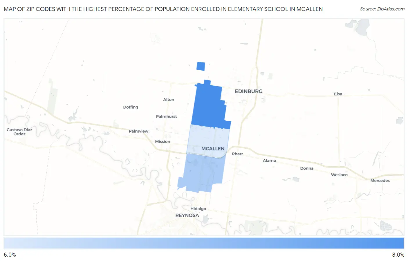 Zip Codes with the Highest Percentage of Population Enrolled in Elementary School in Mcallen Map