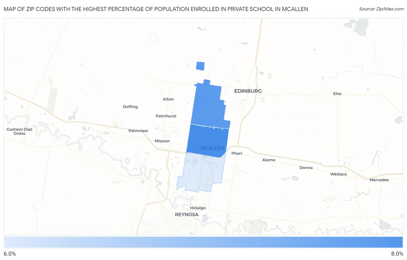Zip Codes with the Highest Percentage of Population Enrolled in Private School in Mcallen Map