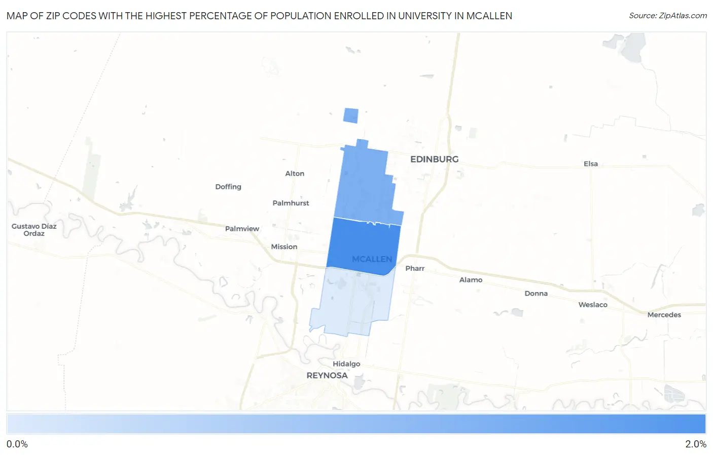 Zip Codes with the Highest Percentage of Population Enrolled in University in Mcallen Map
