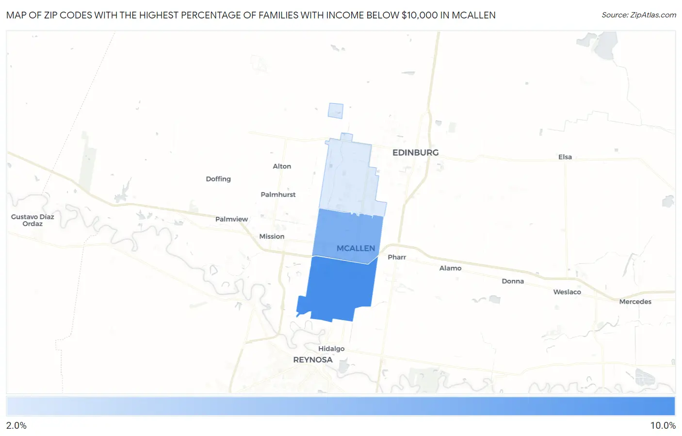 Zip Codes with the Highest Percentage of Families with Income Below $10,000 in Mcallen Map