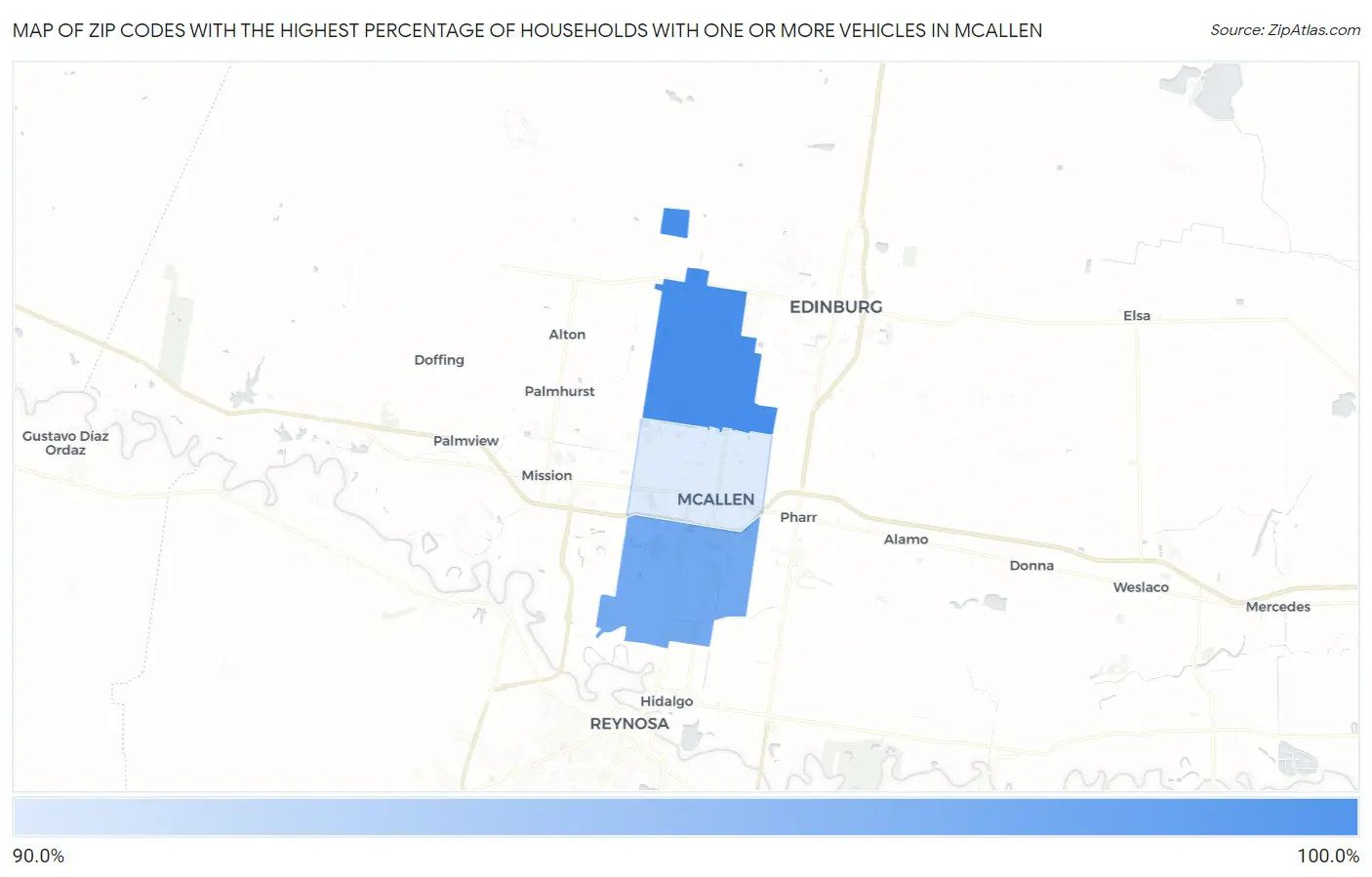 Zip Codes with the Highest Percentage of Households With One or more Vehicles in Mcallen Map