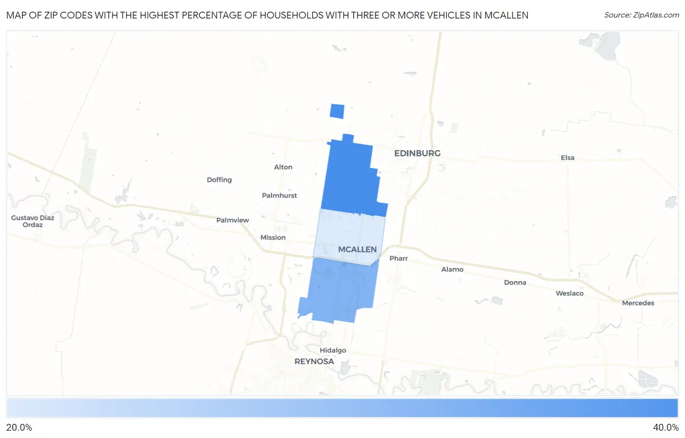Zip Codes with the Highest Percentage of Households With Three or more Vehicles in Mcallen Map