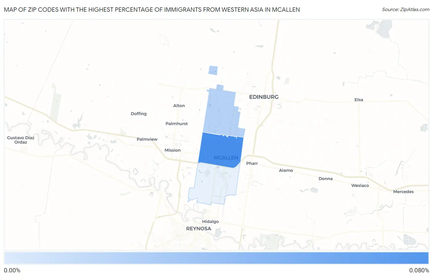 Zip Codes with the Highest Percentage of Immigrants from Western Asia in Mcallen Map